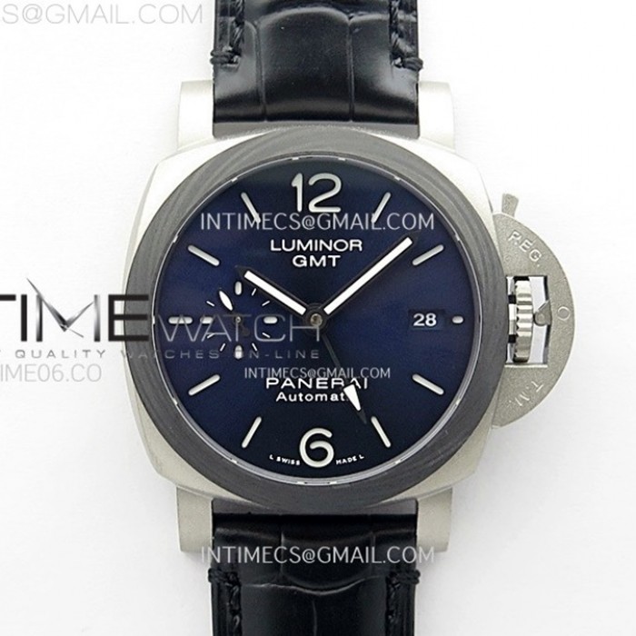 pam1279xluminorgmt42mmtitaniumvsf11besteditionbluedialonblackleatherstrapp9011superclone1