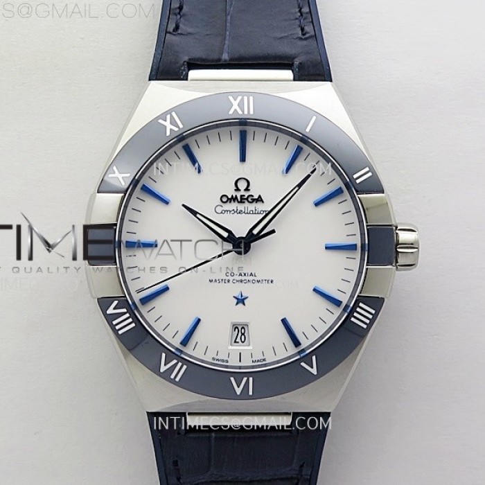 constellation41mmssblueceramicbezelvsf11besteditionwhitedialonbluegummystrapa89001