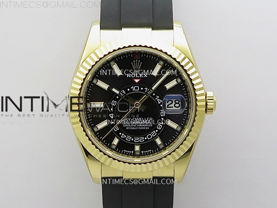 [ZF] 롤렉스 스카이드웰러 텅스텐 옐로우골드 블랙다이얼 블랙러버스트랩 Sky-Dweller 336238