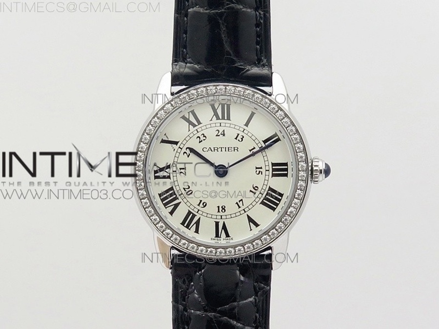 [K11F] 롱드솔로 스몰 29미리 화이트다이얼 다이아베젤 블랙악어가죽스트랩